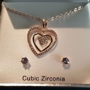 Heart Necklace & Earring Set in Rose Gold Apprx. 18' Adjustable Lobster Clasp